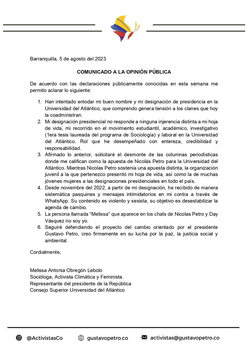 MelissaObregonL's tweet photo. 📌De acuerdo con las declaraciones públicamente conocidas en esta semana me permito aclarar lo siguiente: https://t.co/wJLYv8L1QY