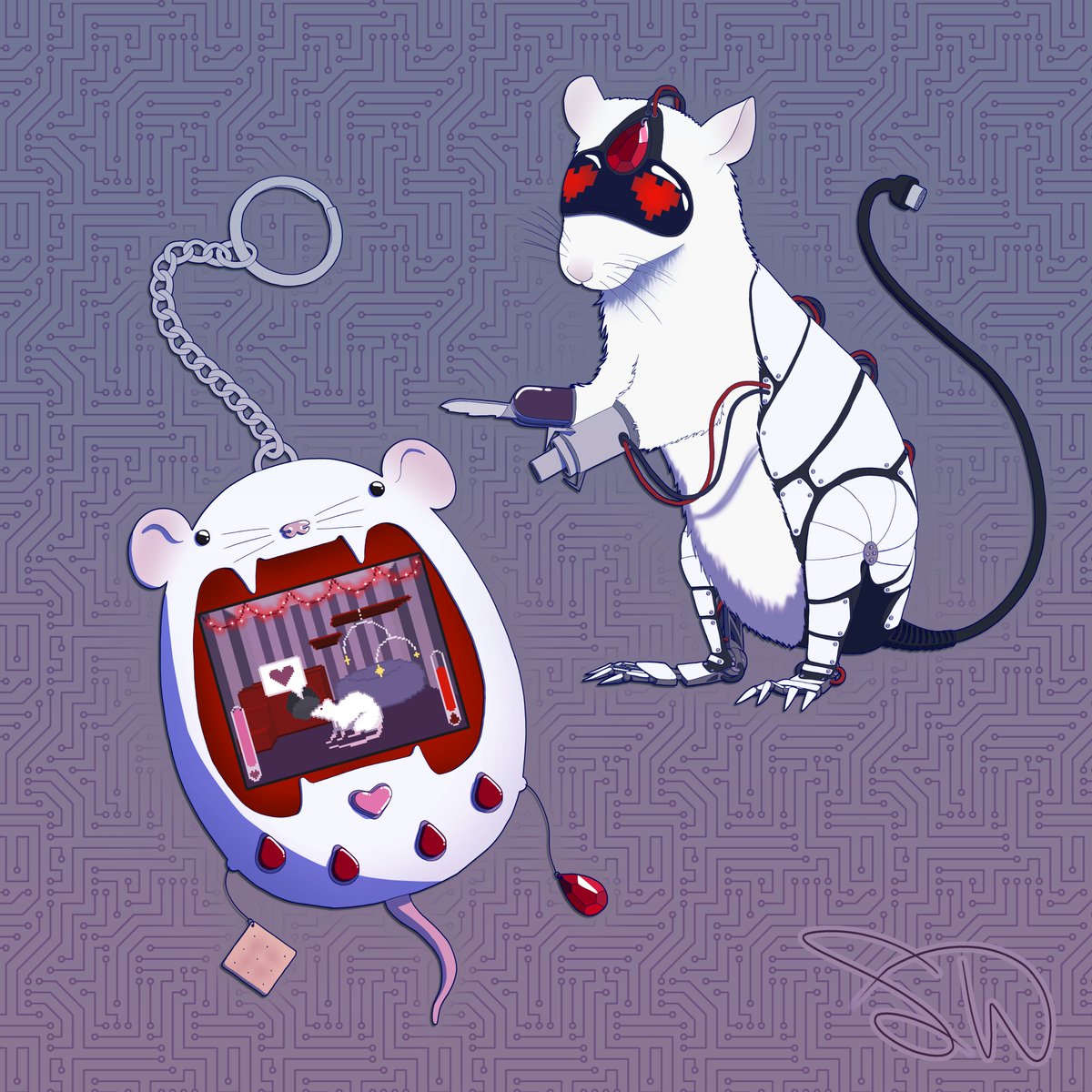 Sirirah_'s tweet photo. ok so bear with me here... the concept for this IS: she's my VtM character's rat Squink, but in the year 3122 when she will be ~1500 years old and she will be a cool cyborg rat who can turn into a tamagochi for easy transport. Anyway I would do anything for Squink. https://t.co/LGEmtU1Lx4