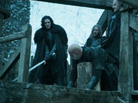 Sansa remembered how [Slynt] had thrown down her father to behead, wishing she could hurt him, wishing that some hero would throw him down and cut off his head.
— Sansa VI, AGOT

Janos Slynt smiled, until Jon said, “Edd, fetch me a block,” and unsheathed Longclaw. 
— Jon II, ADWD