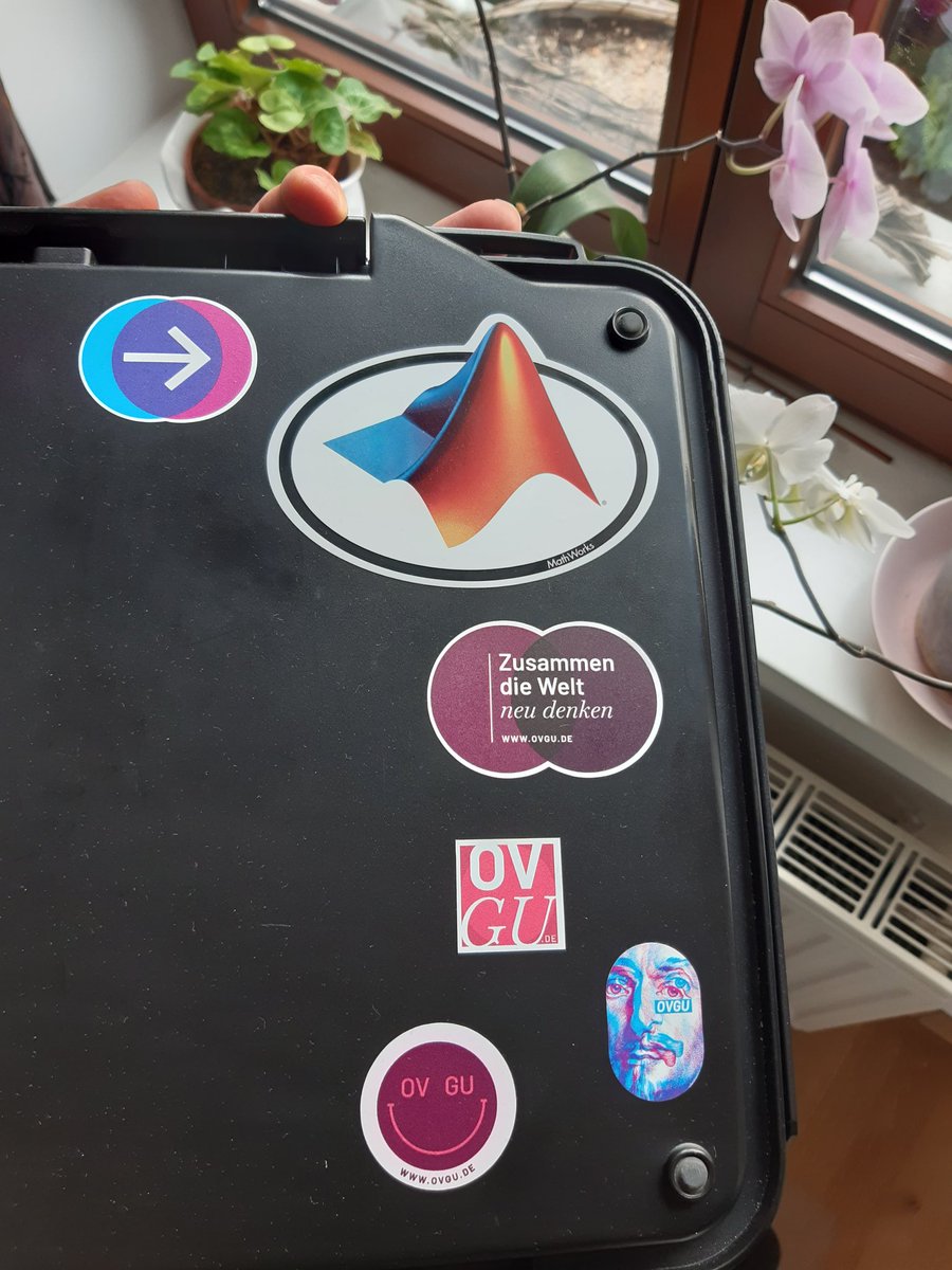 MMagdowski's tweet photo. Neue Sticker auf meinem Laptop-Case von unserem Fachschaftsrat #FaRaFEIT, dem #MagdeMINT-Cluster, dem @MATLAB-Logo und der #ZusammenDieWeltNeuDenken-Kampagne der @OVGUpresse: https://t.co/dzwc5dy3ev