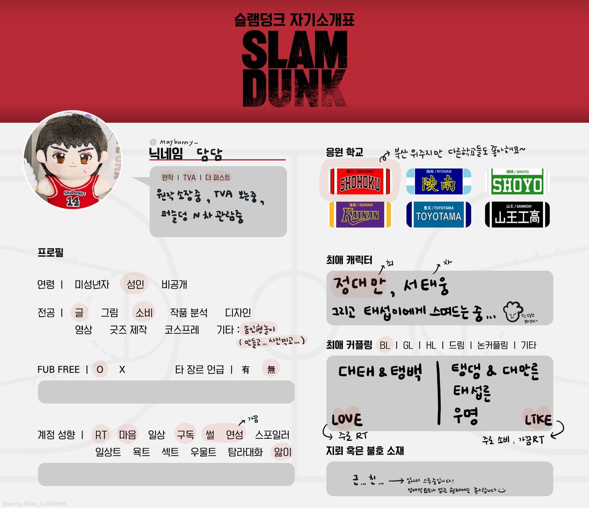 maybunny_'s tweet photo. #슬램덩크_트친소

손으로 솜인형 만드는 거 좋아하는 성인 농놀러입니다!
대태 가장 좋아하지만.. 올라운더에 가까워요~ 뭐든 주시면 맛있게 쩝쩝 거리며 나타납니당^~^
최애를 오른쪽, 왼쪽 가리지 않고 섞어 먹는 저를 견뎌주실 분들은 흔적 남겨주시면 찾아갈게요! https://t.co/CwIjMRPmqm