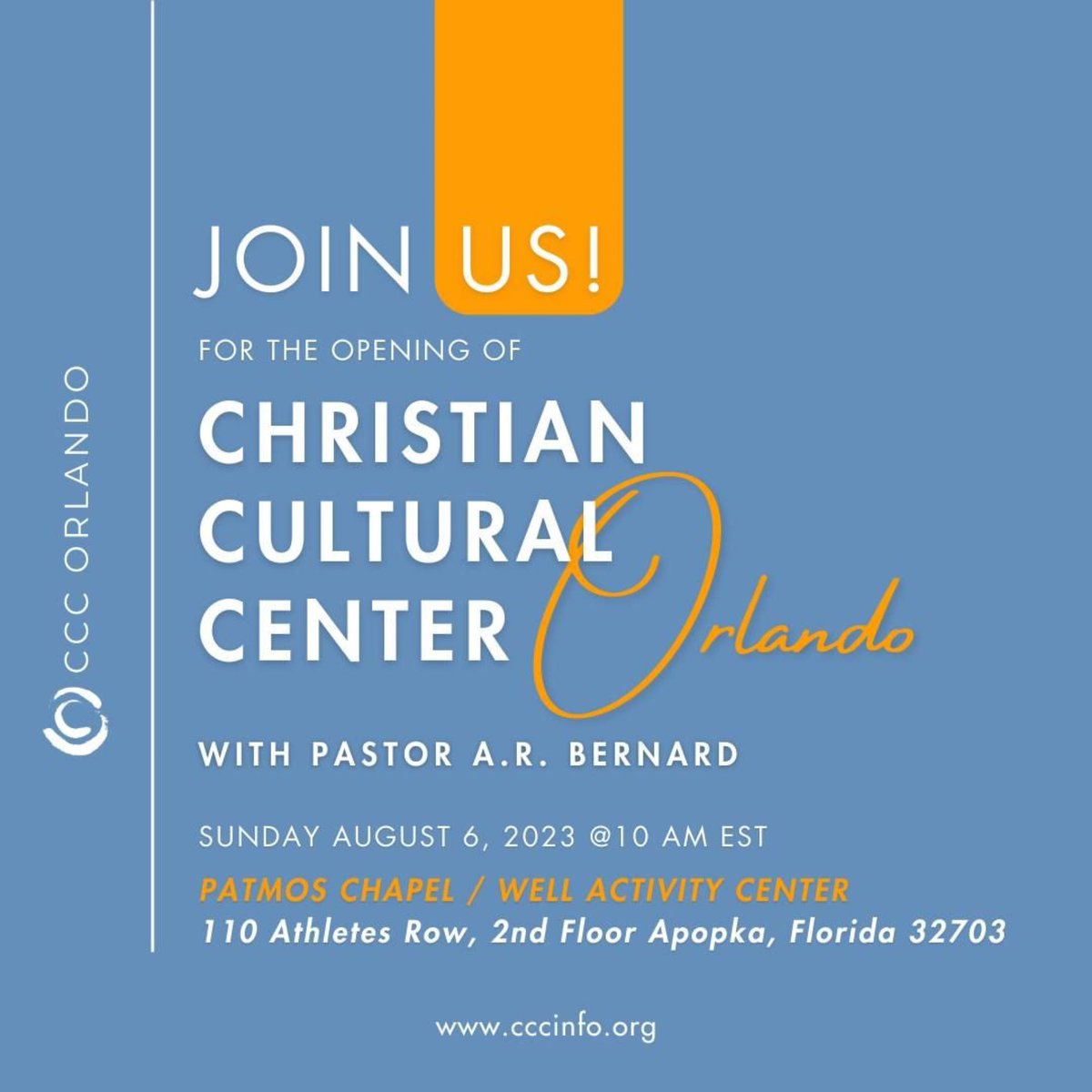 A. R. Bernard (@arbernard) on Twitter photo Orlando! Are you ready? Join us for the opening of Christian Cultural Center - Orlando location THIS Sunday, August 6th at 10am. I am excited and hope you are too.
For more info go to cccinfo.org/events
<a href="/CCCinfoorg/">CCC Brooklyn</a> Orlando! Are you ready? Join us for the opening of Christian Cultural Center - Orlando location THIS Sunday, August 6th at 10am. I am excited and hope you are too.
For more info go to cccinfo.org/events
<a href="/CCCinfoorg/">CCC Brooklyn</a>