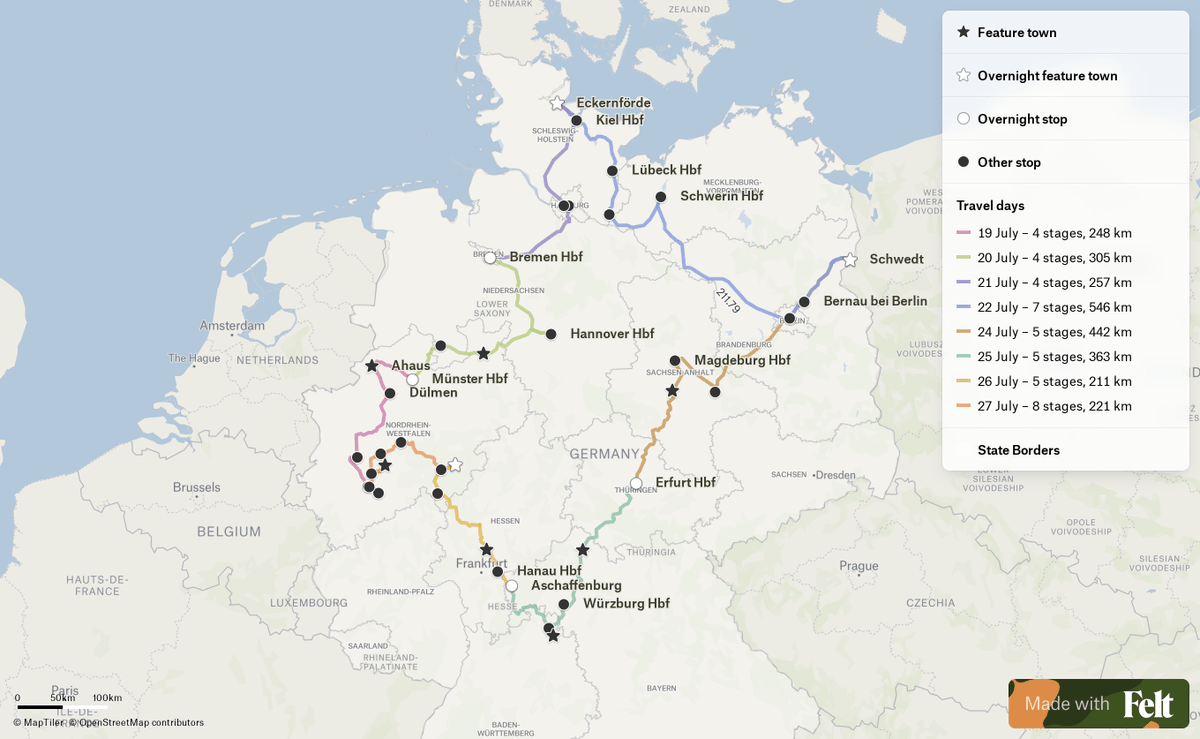 Made a map and worked out how far I travelled on my €49 #DeutschlandTicket: 2,594 km over 8 days! That's a very reasonable 1.6p per km (or 61.2km per £1). Furthest in one day was a hefty 546 km (and bear in mind it doesn't cover high-speed trains🥵) @Felt felt.com/map/Deutschlan…