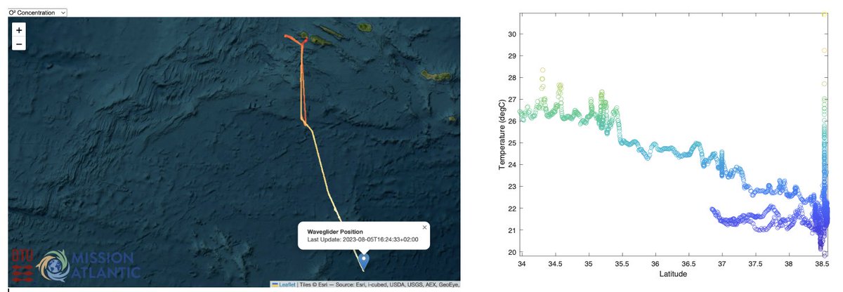 Navigating across the Atlantic with #WaveGlider, currently between Azores & Gran Canaria. 🌊 Recording record high temps, consistently above 26°C this past week (South of 35°N). Curious to see how these temps stack up against other data?🔍#Atlantic #temperature #OceanGliders 1/4