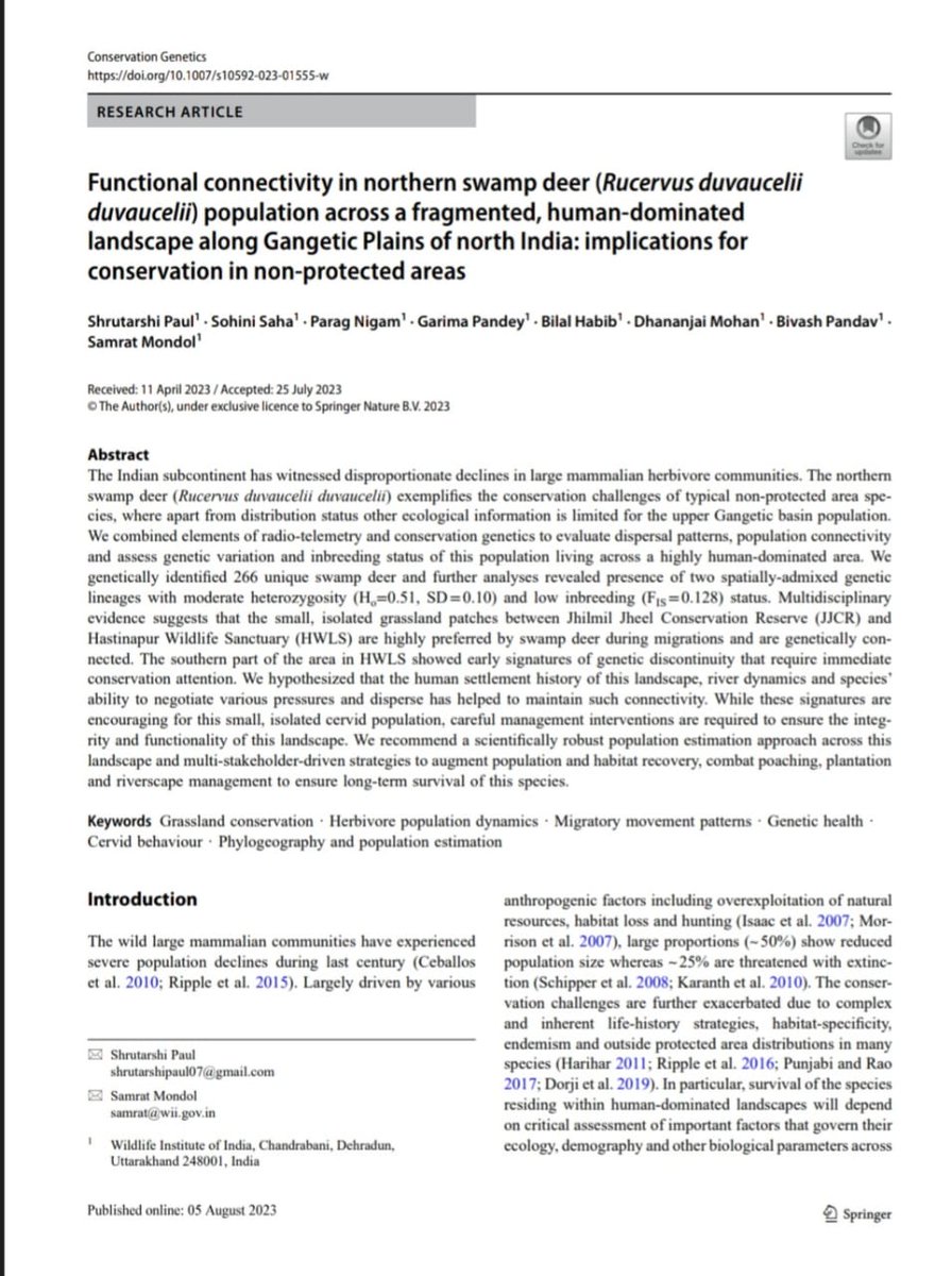 #Connectivity despite severe #fragmentation?? Yes!! Our latest work sheds light on the #genetic #connectivity and #movement of swamp deer in the human dominated upper #Gangetic plains. Sometimes #Resilience triumphs.. #Grassland conservation still holds the key.