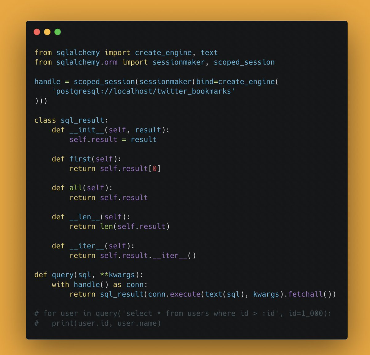 bseanvt's tweet image. My very simple #python database query method using #sqlalchemy. Been using this in a bunch of small projects recently.

A couple things here

1. Use scoped_session for thread safety in web requests. E.g., when querying your database in a #flask  route

2. return a wrapper result…