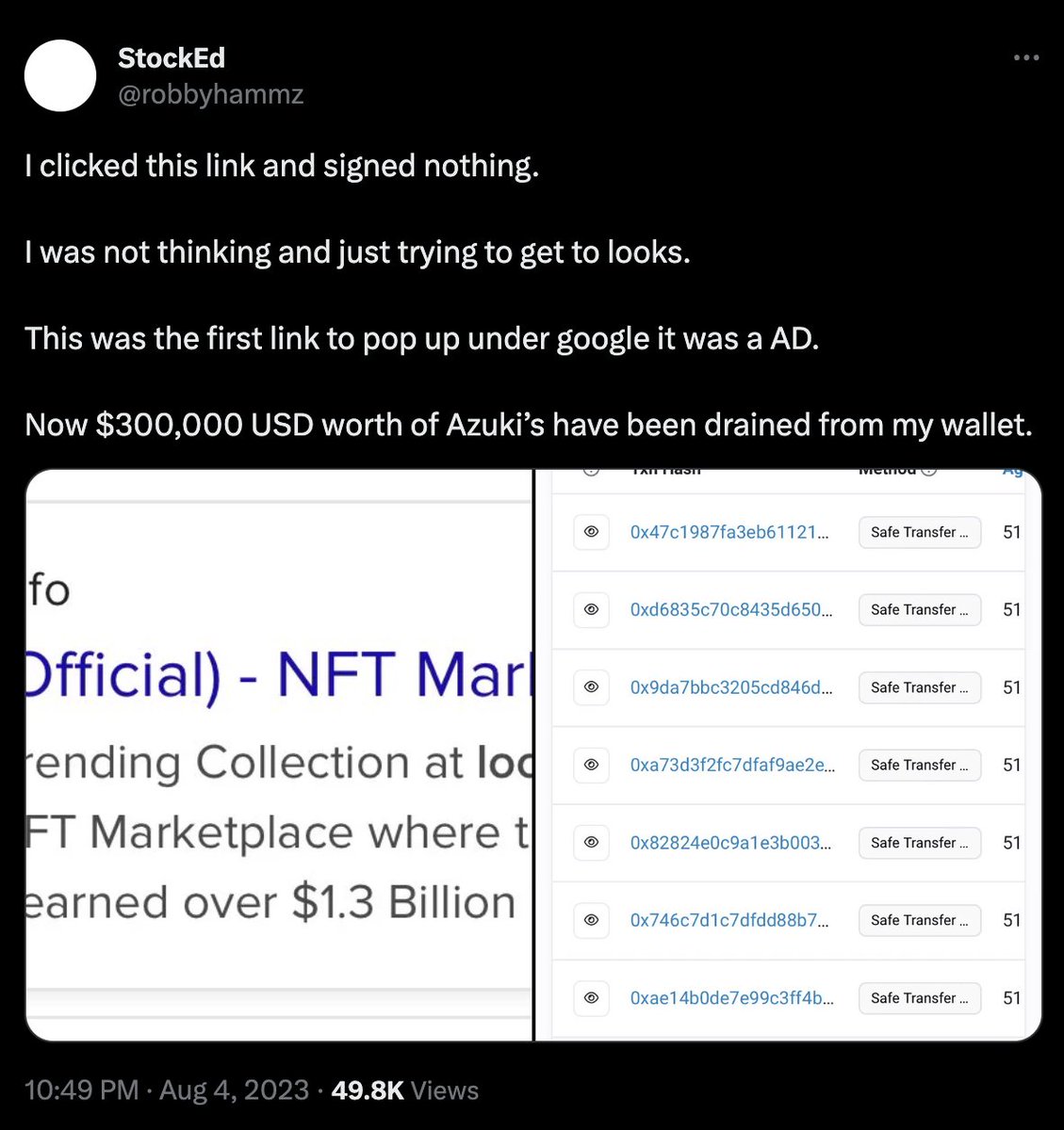 0xCygaar's tweet photo. Very sorry to see that this happened.

However, let's make one thing very clear - the user 100% signed something.

The draining transaction was a Blur order. Blur requires that the seller signs the order hash before it executes the trade.

There is no way to forge this signature. https://t.co/7tDWQEydue