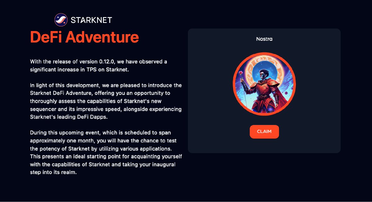 ETH_Daily's tweet photo. Claim @starknet DeFi Adventure NFT WEEK #2 🪂

• Connect your Argent X or Braavos wallet
• Claim "Nostra DeFi Adventure" NFT
🔗https://t.co/ru8kblpMmx 
• Mint fee: ~ $0.3 ETH in Starknet mainnet

✅ NFT claim will remain open for 1 week https://t.co/YHWxF1A6bK