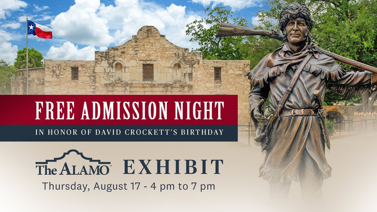 In honor of David Crockett's birthday, join us at the Alamo for extended hours! 🎉 

We will also be offering free admission to the new Alamo Exhibit at the Ralston Family Collections Center!

Register now! bit.ly/3KgnpKv
