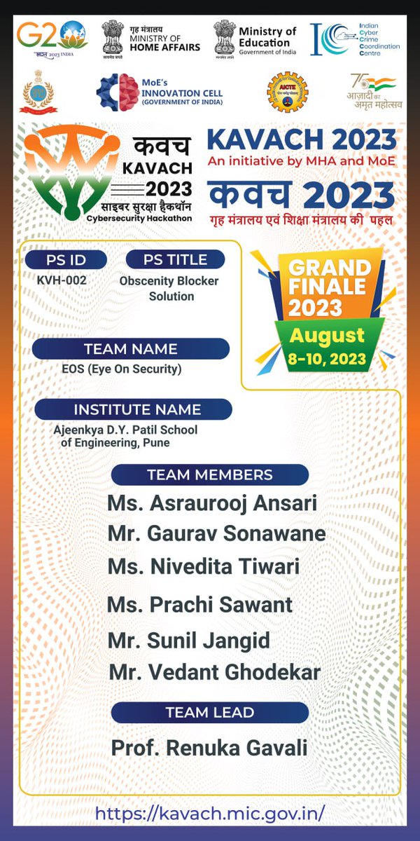 adypsoe's tweet image. Kavach 2023

#Kavach2023, #CyberSecurityHackathon, #MinistryOfEducation, #MinistryOfHomeAffairs, #AICTE, #MIC
#BPR&amp;amp;D #I4C
@PMOIndia @narendramodi_in @EduMinOfIndia @PIBHomeAffairs @dpradhanbjp @HMOIndia
@abhayjere @AICTE_INDIA @BPRDIndia @Cyberdost @mhrd_innovation