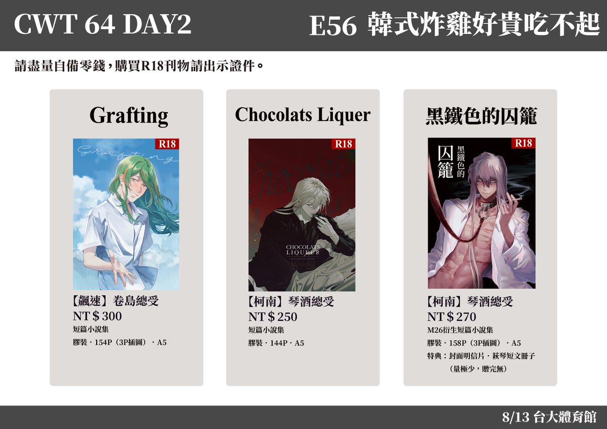 【CWT64 DAY2】
這裡也丟個工商 
這次8/13 CWT64在E56韓式炸雞好貴吃不起 
要跟朋一起擺擺♥
新刊是【柯南M26衍生】All琴酒短篇集，還有上次的兩本既刊～
還有賓加琴酒ㄉ無料喔喔喔喔喔喔耶