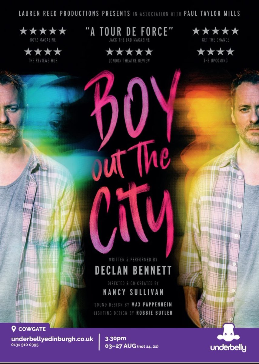 Catch Declan Bennett's debut show #BoyOutTheCity @FollowTheCow An intoxicating, funny & electric hour flying through 80s Coventry, 90s Soho & 00s NYC with a killer soundtrack & prose to bewitch your ears. #Queer storytelling at its finest! #FillYerBoots 

underbellyedinburgh.co.uk/event/boy-out-…