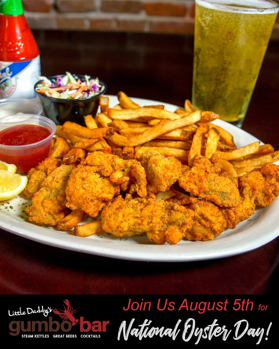 Aug. 5th is National Oyster Day, so why not celebrate with a delicious Fried Oyster Platter from Little Daddy’s? 

Directions: bit.ly/3micabm
Patio Seating Available
