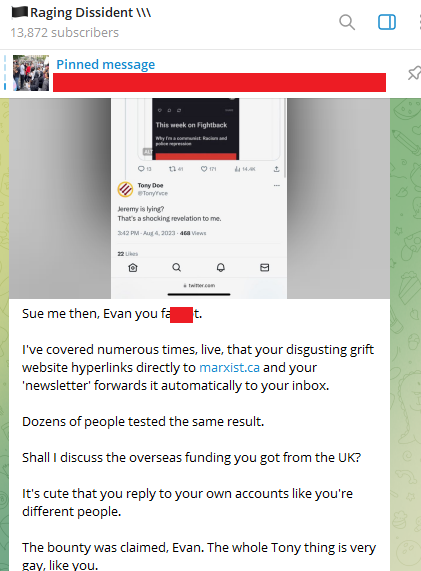 TonyYvce's tweet photo. This fucking guy is supposed to be spending his weekend with his children who he hardly sees yet he's on Telegram making antisemitic posts about how I'm Evan Balgord.
Note: I'm not.
Just more lies from Jeremy Mackenzie.
#TryParenting https://t.co/eSvAa3Cfw1