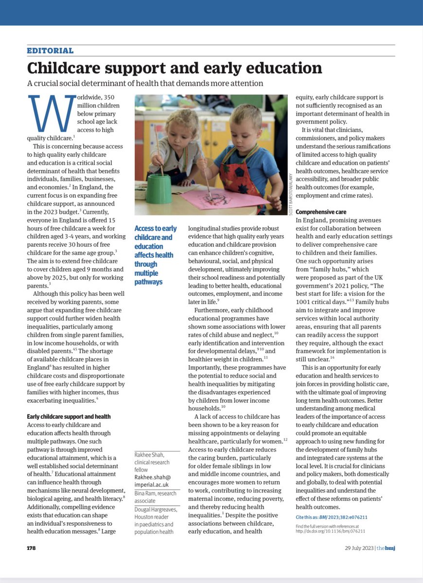 Our BMJ editorial highlights why #childcare & #EarlyYearsEducation is a critical social determinant of health. Will changes to childcare policies in England further widen social inequalities? @shahrakhee @DrDougalH @bmj_latest @MatCHNet_ @Imperial_CHU @Imperial_PCPH