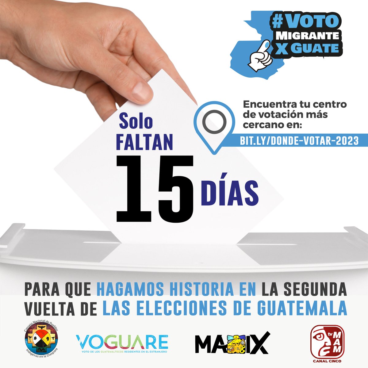 📣⏳ ¡Atención guatemaltecos en USA! 🇬🇹🇺🇸
En 15 días nos toca volver a votar, ahora en la segunda vuelta de las elecciones presidenciales de Guatemala, y con nuestro #VotoMigrante, tenemos el poder de contribuir al futuro de nuestras familias en Guate 💪🏽🗳️

La distancia no es una