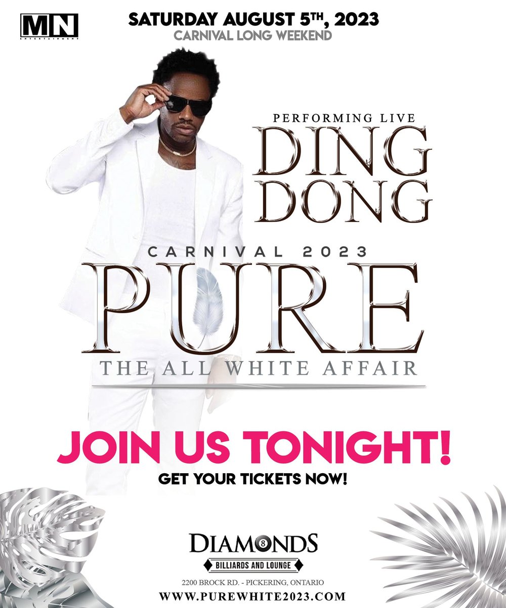 #Tonight "PURE" The All White #Party 🤍

Ft <a href="/Dingdongravers1/">@dingdongravers</a> Live from Jamaica inside Diamonds Lounge in #Pickering 

Get your Adv #Tickets Now #Text 416-735-7827 

#Dancehall #Reggae #nightlife #SaturdayNight #carnival2023
