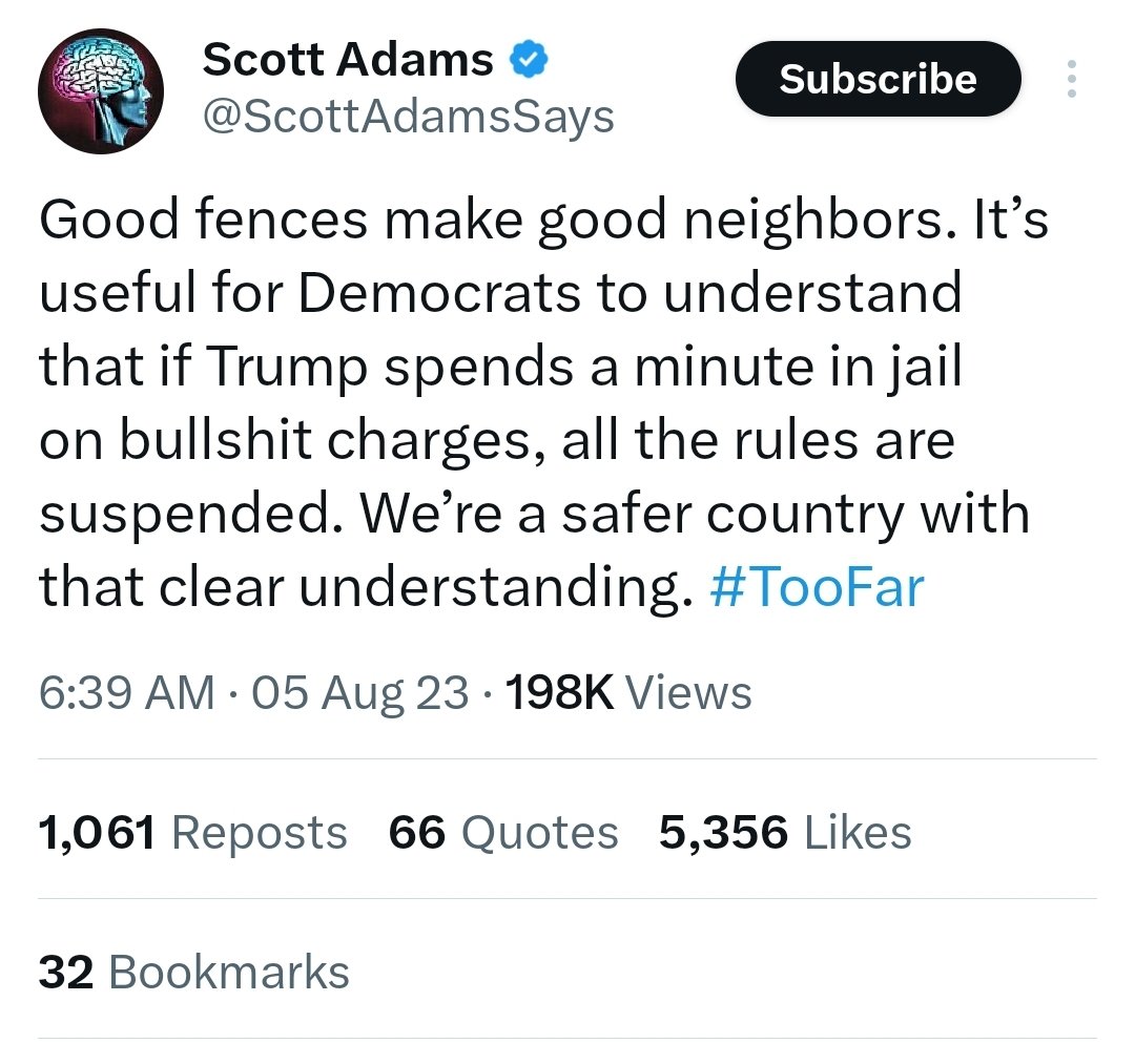 'If Trump goes to prison, it will become legal to murder your neighbor' - the Dilbert guy
