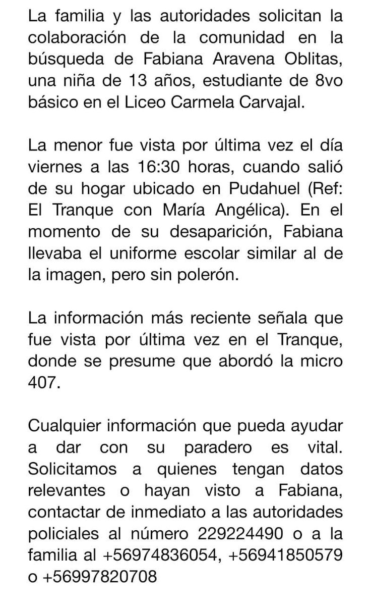 Muni_provi's tweet image. #PROVIINFORMA🔵: MENOR DESAPARECIDA
Fabiana de 13 años, alumna del Liceo Carmela Carvajal, no ha vuelto a su hogar en Pudahuel. Si la ves alerta llamando al 1414, su familia la busca intensamente. 🙏🏽