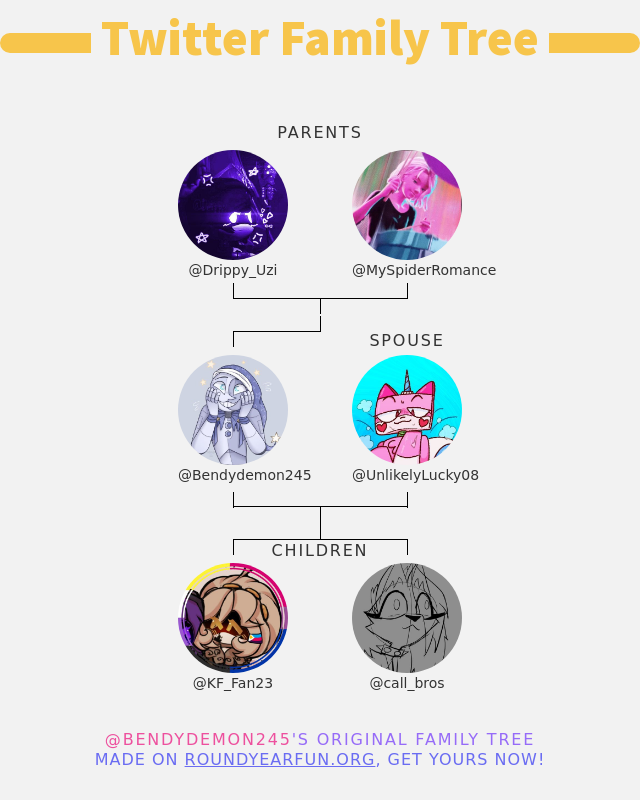 👨‍👩‍👧‍👦 My Twitter Family:
👫 Parents: <a href="/Drippy_Uzi/">Simply | Angel Dust 🍉 (Inactive)</a> @MySpiderRomance
👰 Spouse: @UnlikelyLucky08
👶 Children: @KF_Fan23 <a href="/call_bros/">Chica from L4D2</a>

➡️ twitterfun.games/twitterfamily?…
