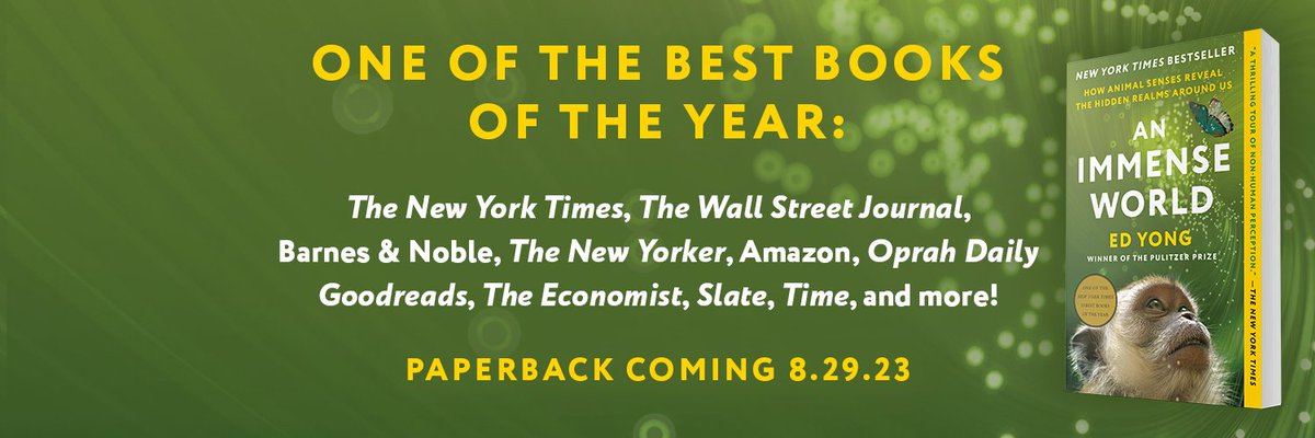 The paperback of AN IMMENSE WORLD is out in just a few weeks (Aug 29), and you can preorder it now! Cast includes: 🐝🦆🐒🦖🐬🦑🐘🦚🦦🐕🦂🕷️🦇🦉🐍🦅🪱🐋🐊🦭🦈🐟🦟 bookshop.org/p/books/an-imm…