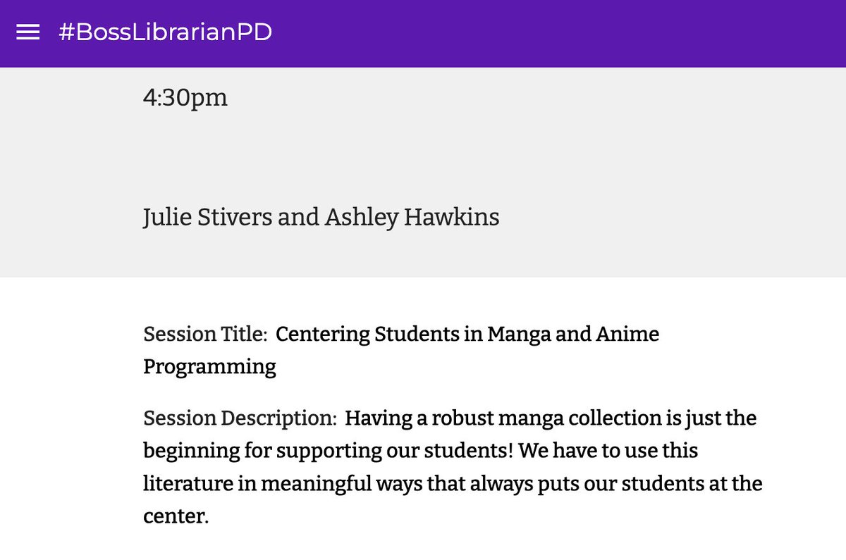 Last session of the last day of #BossLibrarianPD is not disappointing!

@BespokeLib & @manga_librarian on radical unapologetic student-centeredness in all things... purchasing, programming, DIY crafting, journaling, clubs, more. ❤️

Loving the style of the manga/anime prez too!🙌