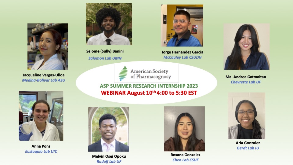 Join us next Thursday, August 10th for the ASP webinar featuring our excellent ASP SURF students! <a href="/pharmacognosy/">pharmacognosy.us</a> #STEMDiversity #NaturalProducts Register here: pharmacognosy.us/natural-produc…