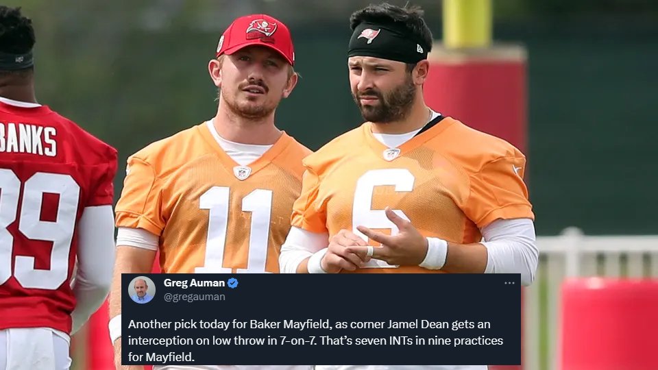 NFL_DovKleiman's tweet image. Update: #Buccaneers QB Baker Mayfield has thrown 7 INTs so far in nine practices, per @gregauman