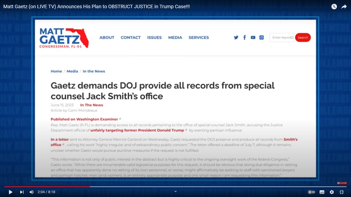 TimGluckman's tweet image. 1249/x US politics: #MattGaetz's plan to aid #Trump by #obstructing #justice is to #subpoena #JackSmith (IDEA: learn JS' case). If JS doesnt show to said House inquiry, he'd be held in #Contempt. Tho' #GOP ignored subpoenas 2021 &amp;amp;22! @JesseDollemore video  youtube.com/watch?v=AcdJDD…