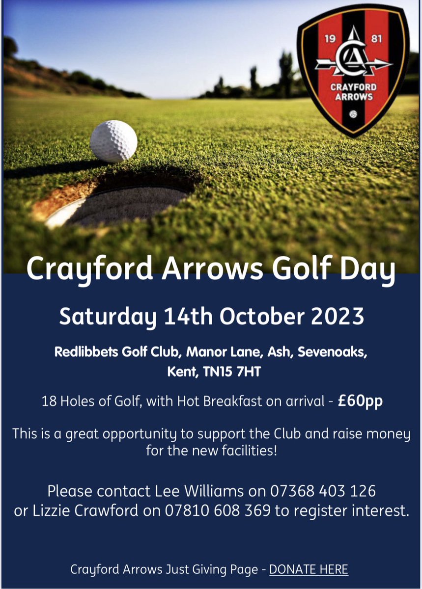 A huge thank you to our very own Lee Leanne Williams for rearranging the Crayford Arrows Golf Day for Saturday 14th October 2023.

Further details on the flyer attached for everyone to share far &amp; wide.  

#crayfordaremassive #upthearrows #wearecrayford

justgiving.com/crowdfunding/c…