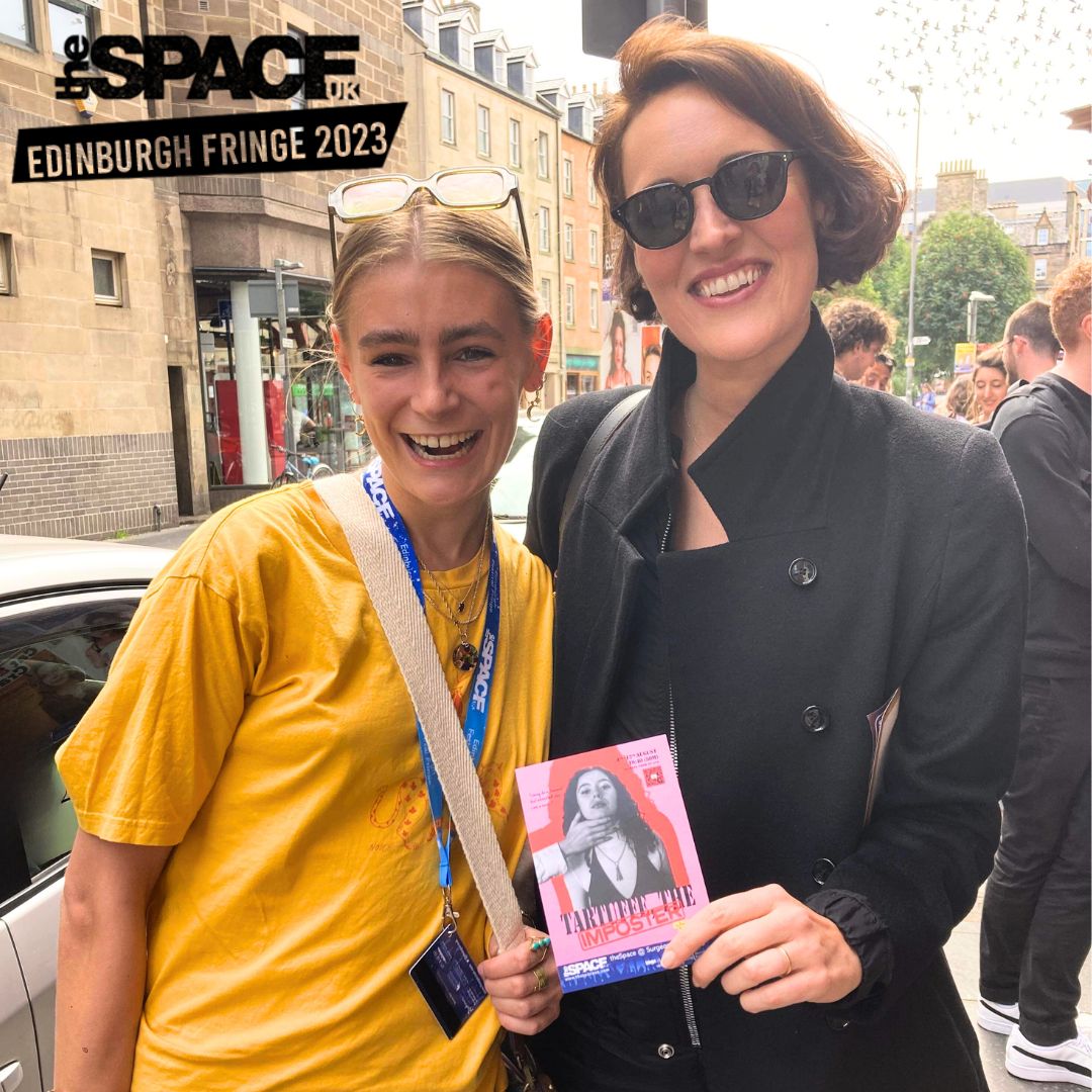 theSpaceUK's tweet photo. Tartuffe the Imposter was lucky enough to meet the one and only Phoebe Waller-Bridge as she was about to go into theSpaceUK Press Launch  yesterday -we are absolutely thrilled and honoured that she attended! 💙 @greensunproductionsoxford  #EdFringe23 #FillYerBoots https://t.co/tnXRX1UKIj