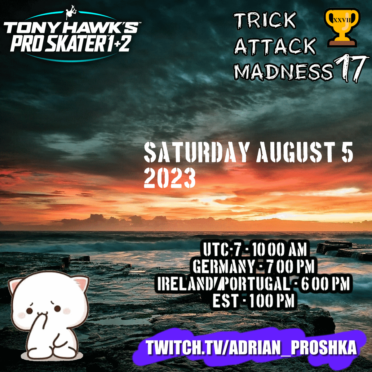 AdrianProshka's tweet photo. π THPS 1+2 π Proshka's and Waifu's Trick Attack Tournament (27th Edition) "Trick Attack Madness #17"
https://t.co/R28E1G5LXp
Saturday August 5th, 2023
#thps #thps1and2 #tournament #TrickAttack #TonyHawk #skate #SK8 #thpsTournament #twitch #twitchTournament https://t.co/JZW9IEZWxF