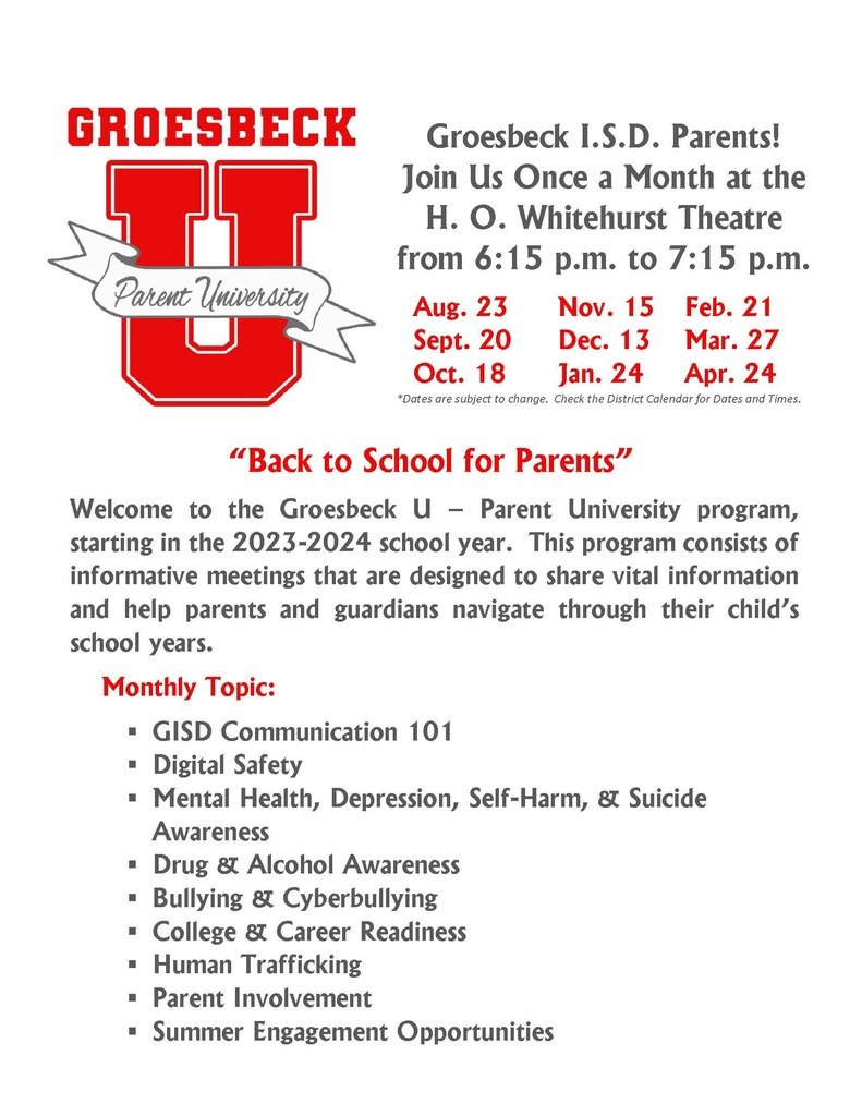 GroesbeckGoats's tweet photo. Mark your calendar NOW and JOIN us for GISD PARENT UNIVERSITY on August 23rd. https://t.co/8EiekEcLXG