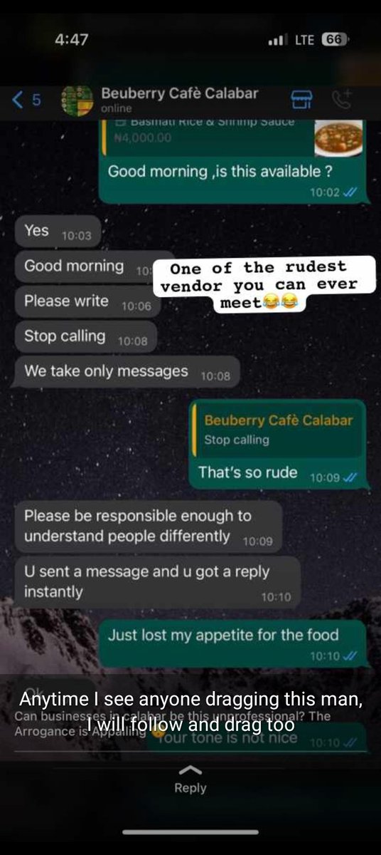 calabarrfineboy's tweet photo. pls my calabar people see the kind of business people we have in calabar, the second frame is the conversation between a popular food cafe in calabar BEUBERRY and her customer.

This show how rude and unprofessional some business people can be. https://t.co/FYPZPLxaBl