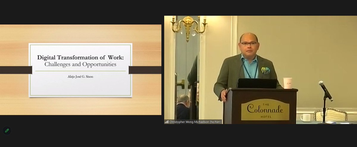 Alejo Sison <a href="/unav/">Universidad de Navarra</a> is now delivering the Presidential Address at the <a href="/sbeonline/">Society for Business Ethics</a> conference on the #digital transformation of #work.