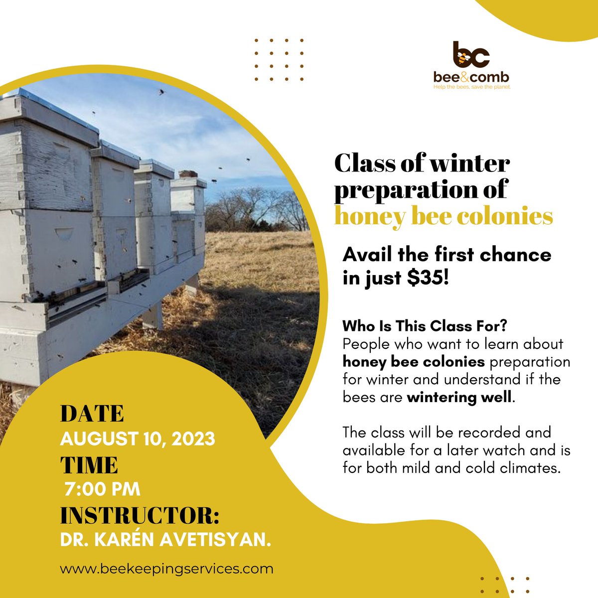 KarenAvetisyan2's tweet image. Join our immersive class starting on August 10th, 2023, 7:00 PM EST, and embark on a fascinating journey to prepare honey bee colonies for the winter.

Participants will be rewarded with certificates. 

beekeepingservices.com/online-beekeep…
.
#HoneyBees #WinterPreparation #BeekeepingClass