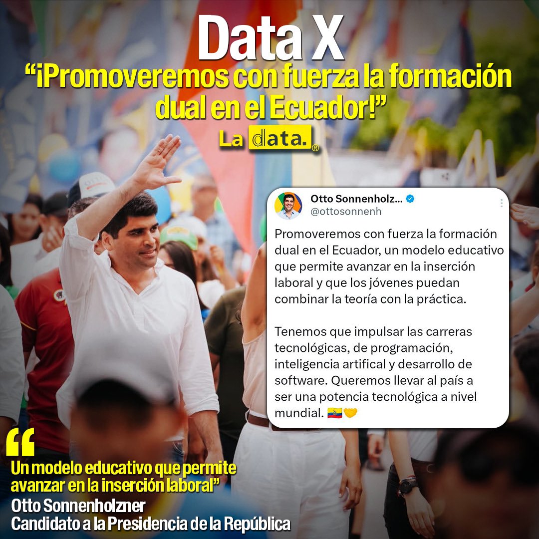 ElDatoEcua's tweet image. #DataX  “¡PROMOVEREMOS CON FUERZA LA FORMACIÓN DUAL EN EL ECUADOR!”.

El candidato presidencial, Otto Sonnenholzner continúa difundiendo su plan de Gobierno, la cual consiste en promover la inserción laboral de los jóvenes. 

Otto afirma que “Tenemos que impulsar las carrera…