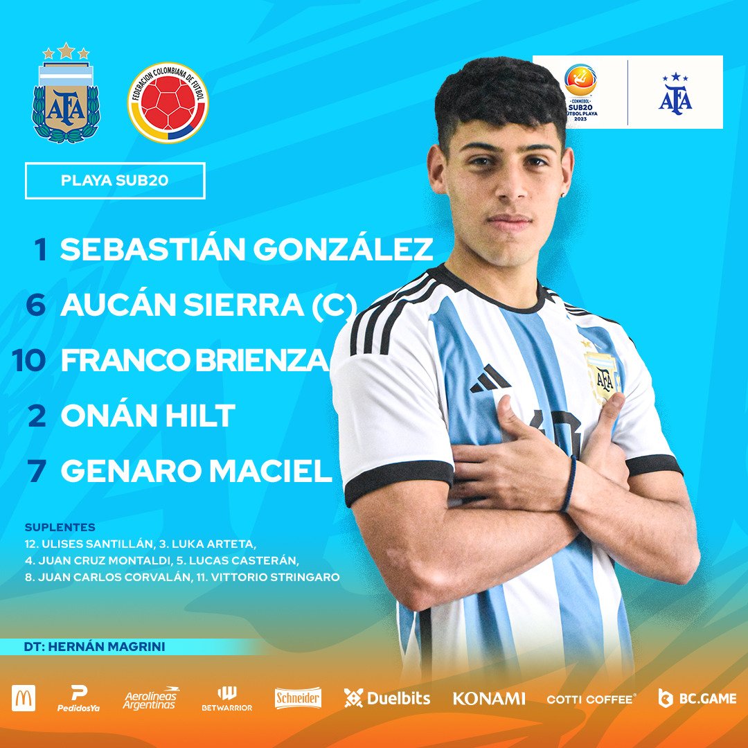 FútbolPlaya 🏆#SudamericanoSub20

Formación confirmada por Hernán Magrini para enfrentar a Colombia

🇦🇷 ¡Vamos Argentina! 🇦🇷