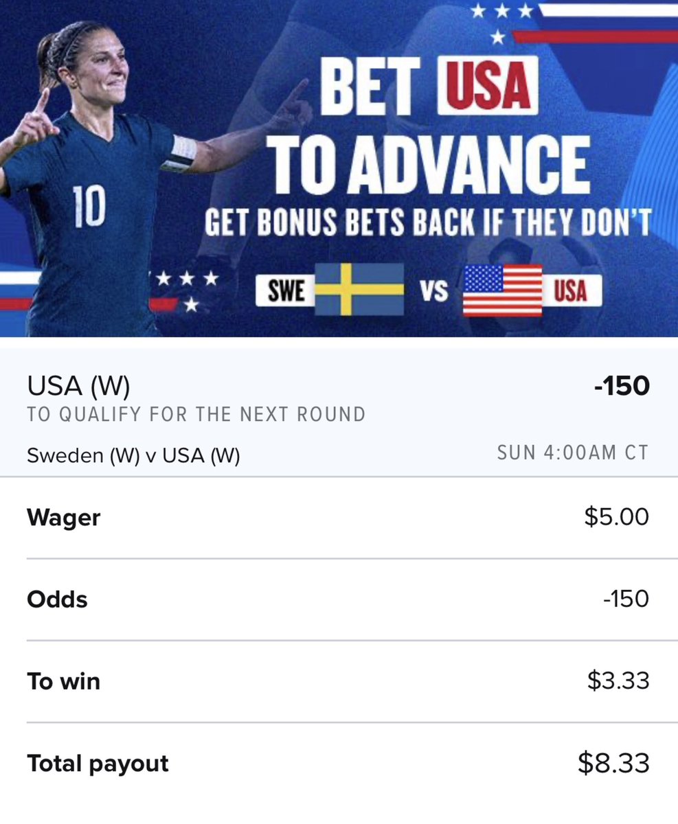 Longshot_Bets's tweet photo. ✨FanDuel Team USA Insurance✨

• USA to Qualify -150

In for $5 risk free max (.1u)

#GamblingTwitter #FIFAWWC https://t.co/mN1E2ZGDxK