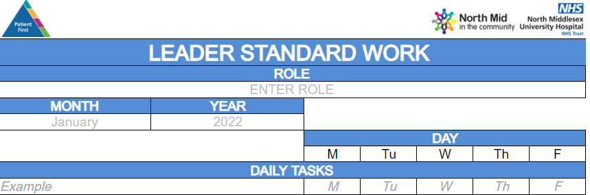 A key tenet of the #PFMS approach is the use of #standardwork  below is a good example of  #Leaderstandardwork which is a neat way of planning time. 

Standards and systematic working are keys to success. 
#PatientFirst