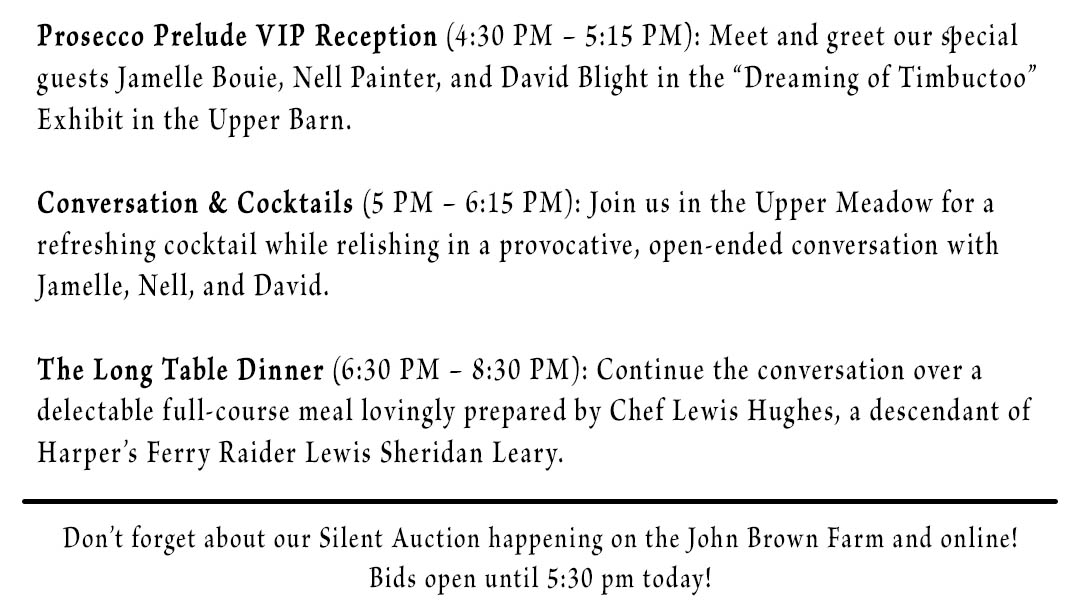 JohnBrownLives's tweet photo. It is time for the final count down! ๐
Though sales are over for The Long Table Dinner, our Silent Auction is still underway! If you haven't already checked out https://t.co/aRk2IpPbAJ the auction is live until 5:30 today๐ฝ #thelongtable #conversation #history #jbl #JohnBrown https://t.co/ePxumwmGIC