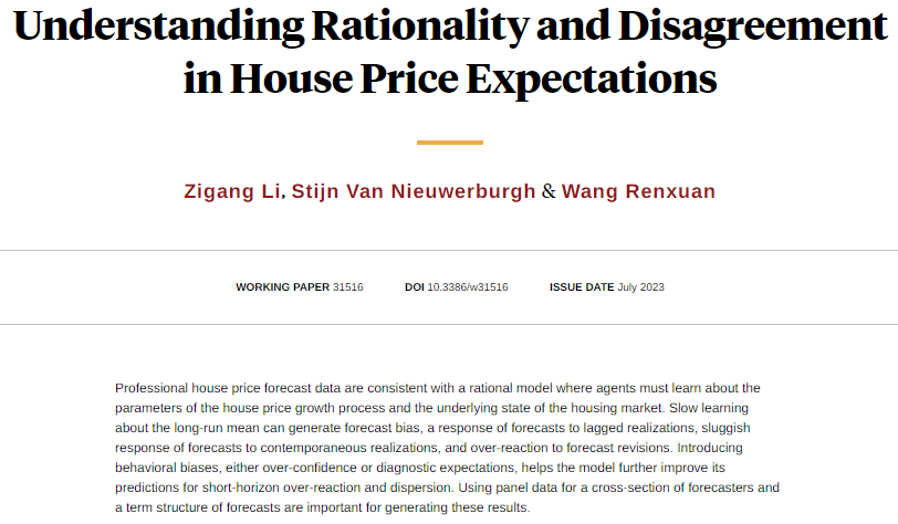 nberpubs's tweet photo. A model in which agents learn about long-run mean house- price growth goes a long way towards explaining many forecast anomalies in the time series and cross-section, from Zigang Li, @SVNieuwerburgh, and Wang Renxuan https://t.co/Kl9JkIkQl9 https://t.co/3XpktMe5ab