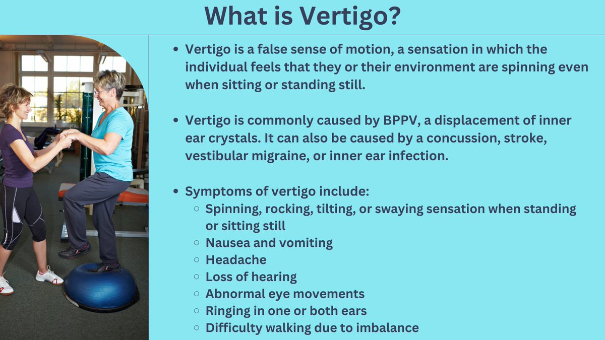 #Physicaltherapy can reduce #vertigo symptoms, retrain brain to adapt to #vestibulardysfunction & help individuals regain balance/coordination. 

bit.ly/physical-thera…

#vestibularrehabilitation #vestibulartherapy #vestibularrehab #bppv #vertigotreatment #vertigomanagement