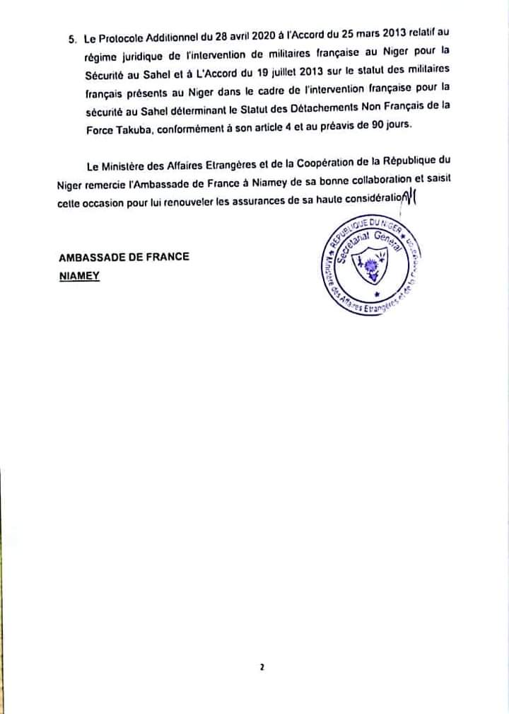 Suite aux dénonciations des accords de défense et de sécurité,
Une notification officielle a été adressée à l'ambassade de France au Niger.