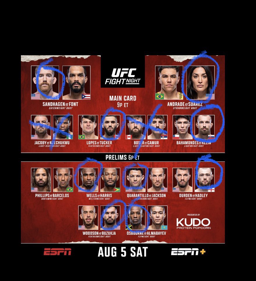 This is what I’m going with today fellas. the blue “X’s” those fights will not go the full 15 minutes. @SpinninBackfist @SpikeBoyQ @DoubleVodkaDon @PhiLeePhilly @juice_2389 @JackMacCFB @HunterDriscoll @SteamRollaa #UFCNashville 

p.S. sorry @SpeakEZsports_ I picked vs rob lol.