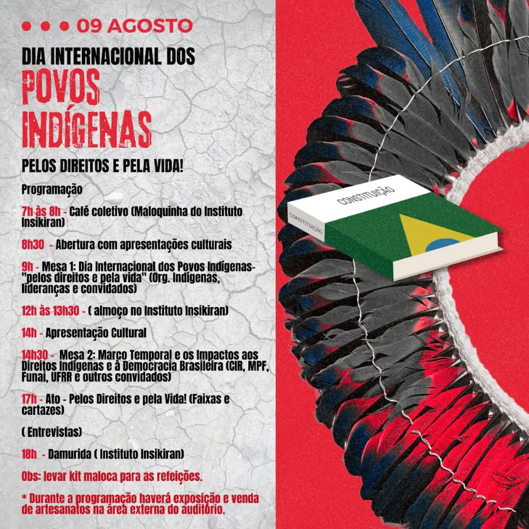 Dia Internacional dos Povos Indígenas chegando, 9 de agosto, e os povos indígenas de Roraima preparam o seminário para debater os impactos do marco temporal aos direitos indígenas e à democracia brasileira! 
@ConselhoRoraima 
<a href="/InsikiranUFRR/">Instituto Insikiran 🛖</a> 
<a href="/ciminacional/">Cimi</a>