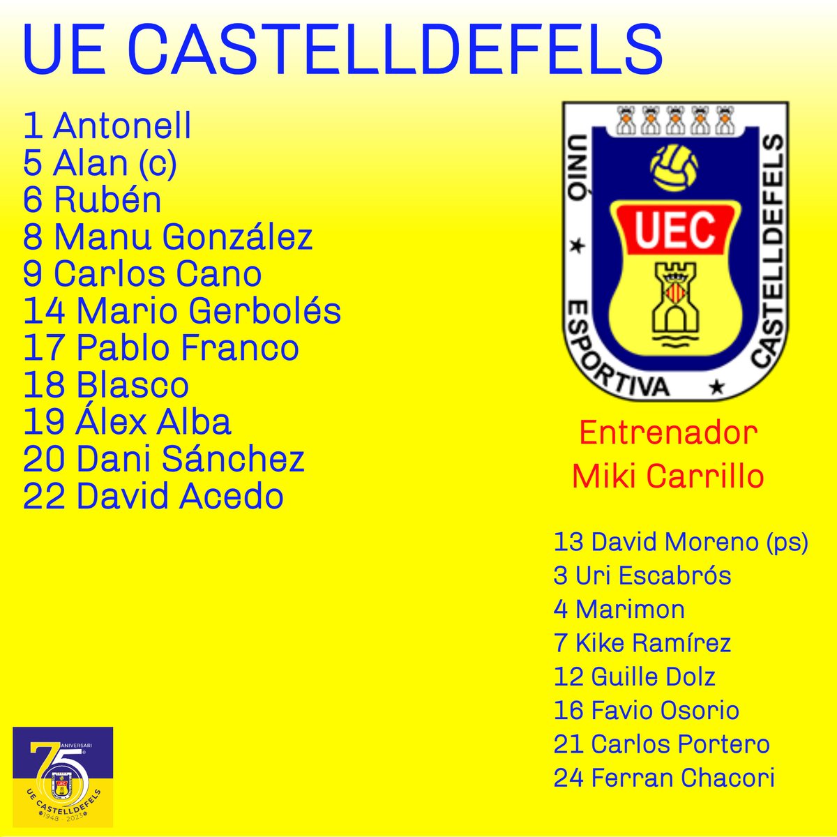 uecastelldefels's tweet photo. Alineacions confirmades del partit @FCJMollerussa - @uecastelldeels 1a Eliminatòria #CopaCatAbsoluta 23-24 https://t.co/Q8psVjjzKX