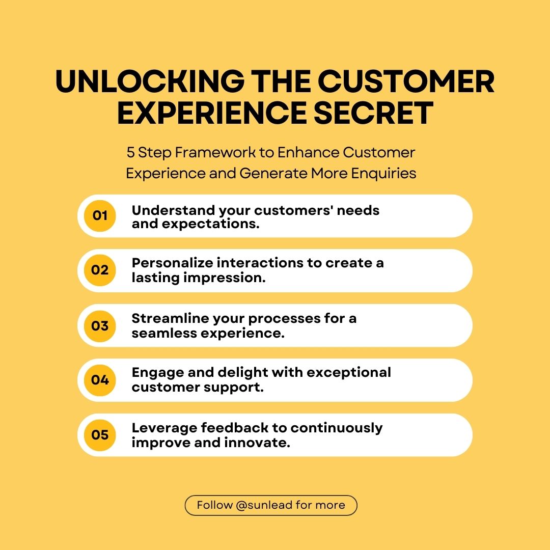 lead_sun's tweet image. 🔓 Discover the Customer Experience Secret! 🚀🔑 Unleash the power of our 5-step framework to elevate your customer experience and supercharge your lead generation. 🌟 #CustomerExperience #LeadGeneration #FrameworkForSuccess