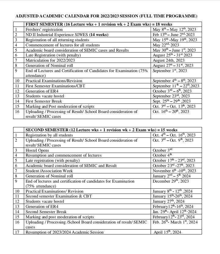 Adjusted Academic Calendar for 2022/2023 Session(Full-Time Program)

This is for the information of full-time Students of #Yabatech