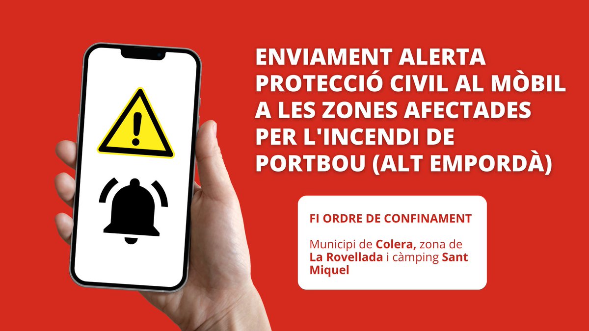 emergenciescat's tweet photo. 📱🔔 Enviament alerta de #ProteccioCivil al mòbil per informar de la FI de l'ORDRE de CONFINAMENT

🚫 Es mantenen les RESTRICCIONS de MOBILITAT a la zona a excepció de residents, residents temporals i treballadors essencials. https://t.co/95YU96ScCP